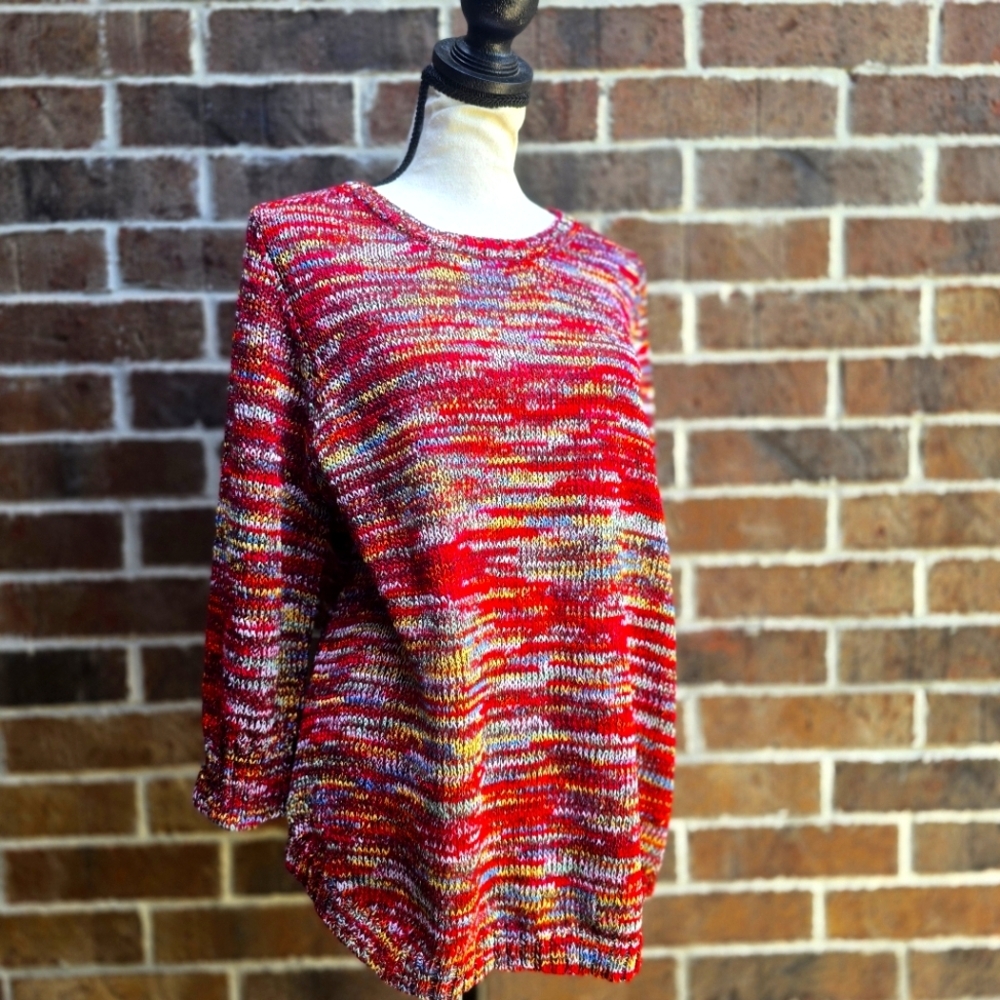 NY Collection Red Crew Neck Sweater with Vibrant Knit